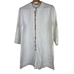 Soft Surroundings Women's Size S White Full Zip Embroidered Pom Boho Duster *